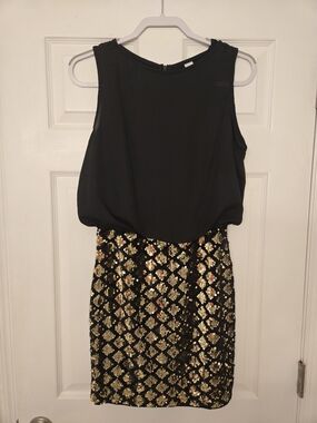 Black Gold Geometric Sequin Sheath Dress Chiffon Sleeveless Round Neck